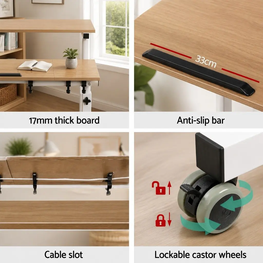 Mobile Twin Laptop Desk Office Adjustable Height Tilting Tabletop 80cm x 60cm Light Wood
