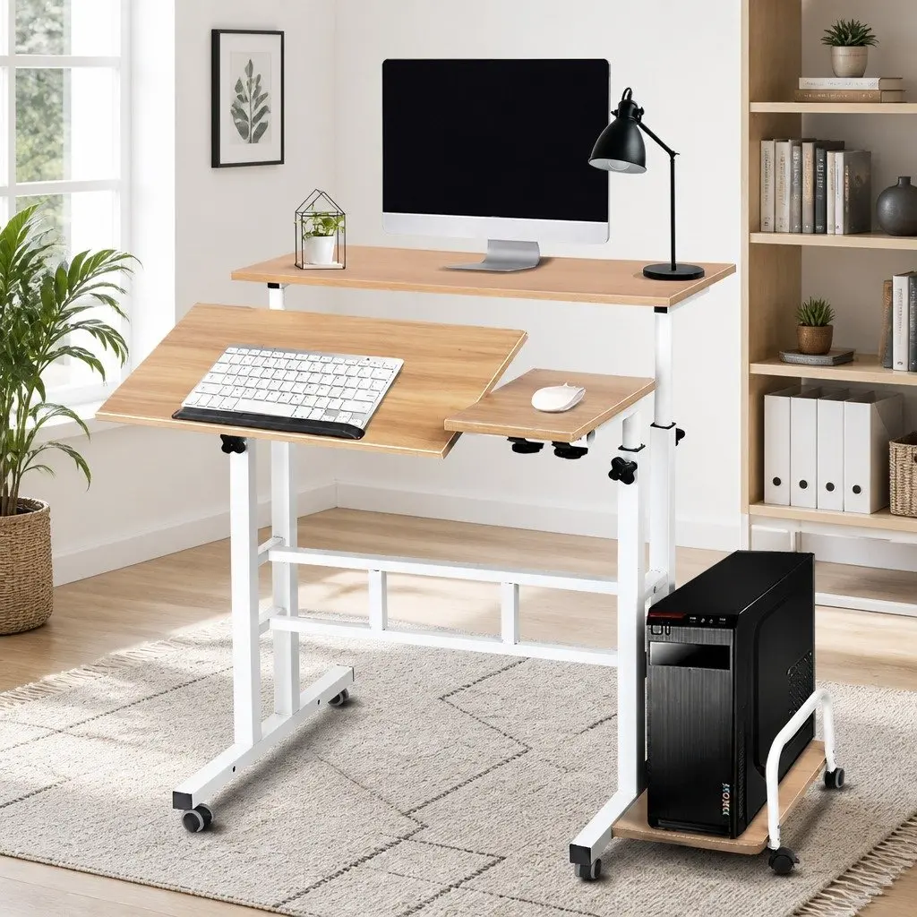 Mobile Twin Laptop Desk Office Adjustable Height Tilting Tabletop 80cm x 60cm Light Wood