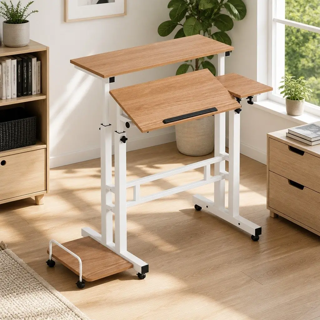 Mobile Twin Laptop Desk Office Adjustable Height Tilting Tabletop 80cm x 60cm Light Wood