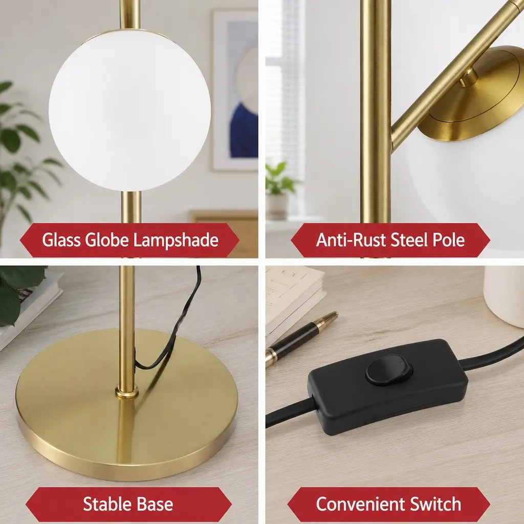 3-Light Floor Lamp 165cm Tall Standing Light Sphere Glass Shades Gold Modern