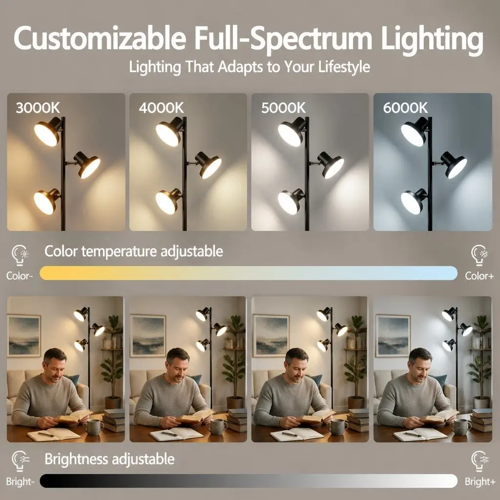 3-Head LED Floor Lamp for Living Room Bedroom Home Office 36W Dimmable Adjustable with Remote Control Touch Pole