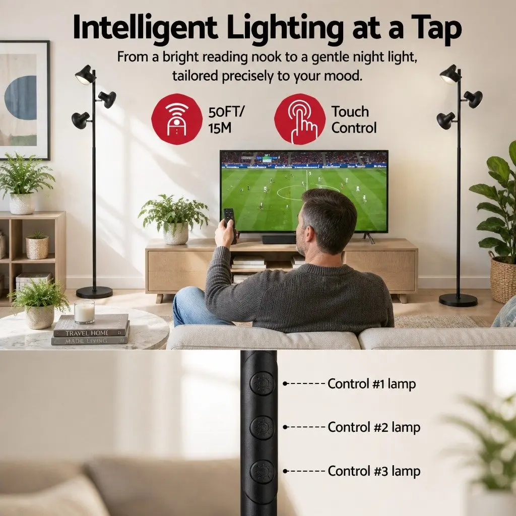 3-Head LED Floor Lamp for Living Room Bedroom Home Office 36W Dimmable Adjustable with Remote Control Touch Pole