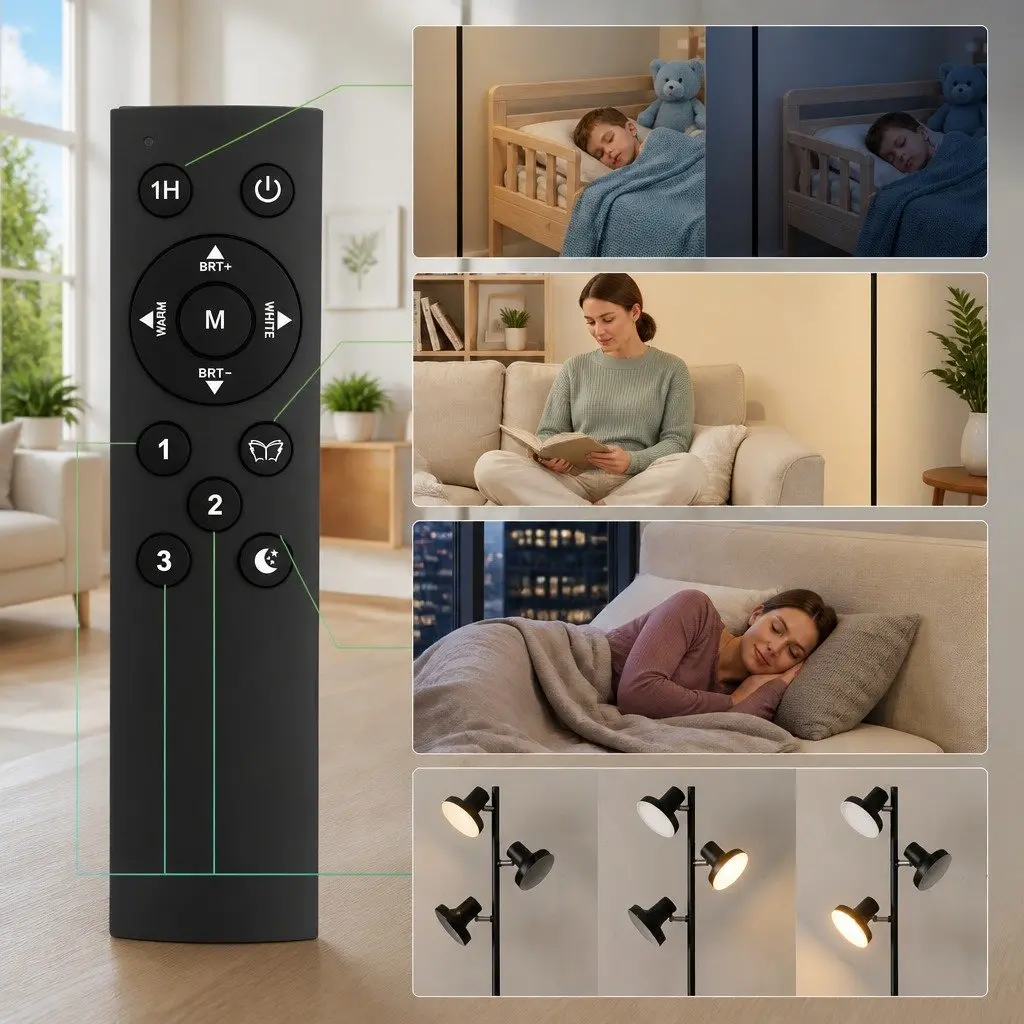 3-Head LED Floor Lamp for Living Room Bedroom Home Office 36W Dimmable Adjustable with Remote Control Touch Pole