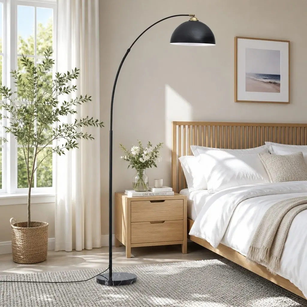 Arched Floor Lamp for Living Room Black 167cm Height Marble Base Reading Task Light