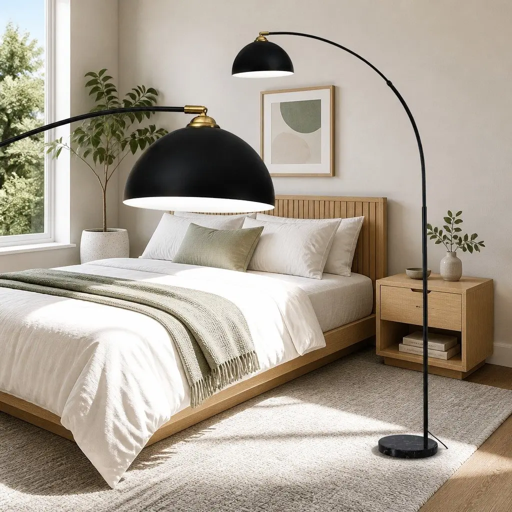 Arched Floor Lamp for Living Room Black 167cm Height Marble Base Reading Task Light