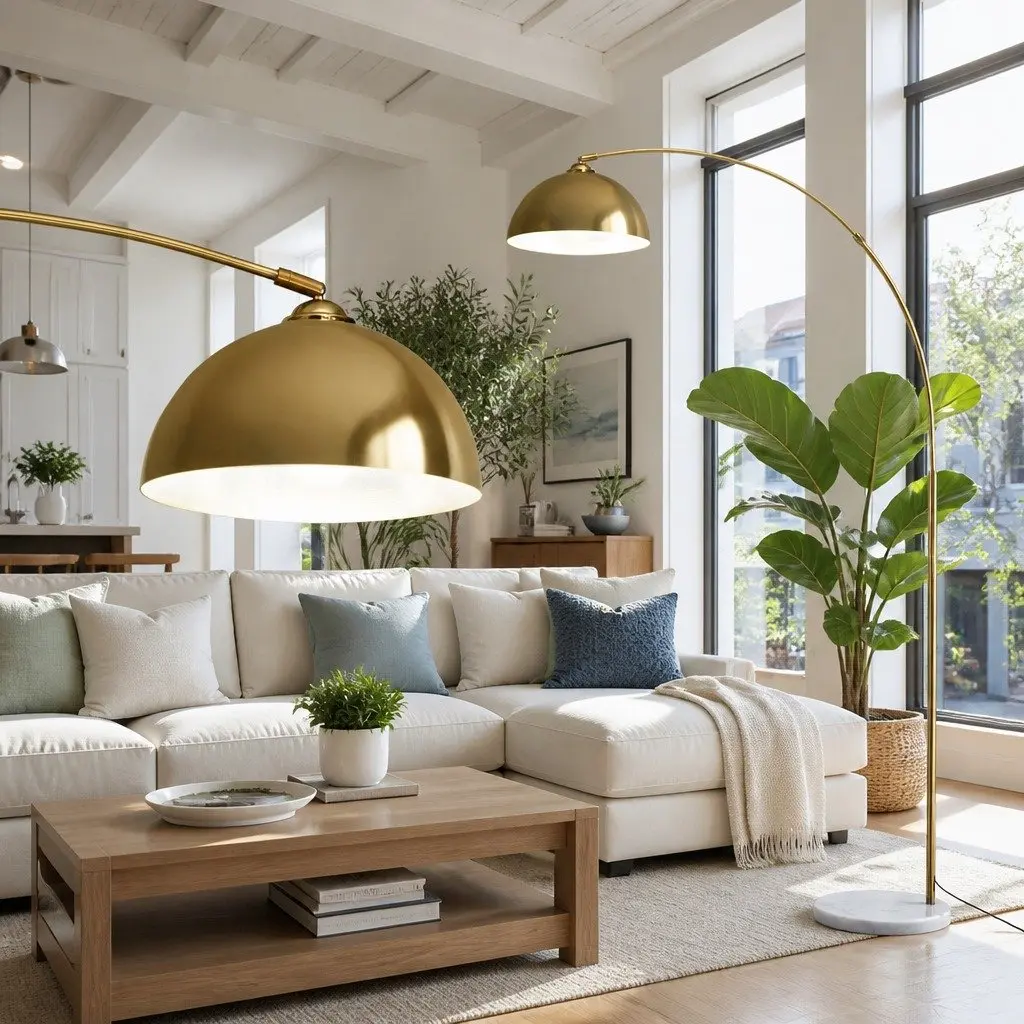 Arched Floor Lamp for Living Room Gold Marble Base Adjustable Height