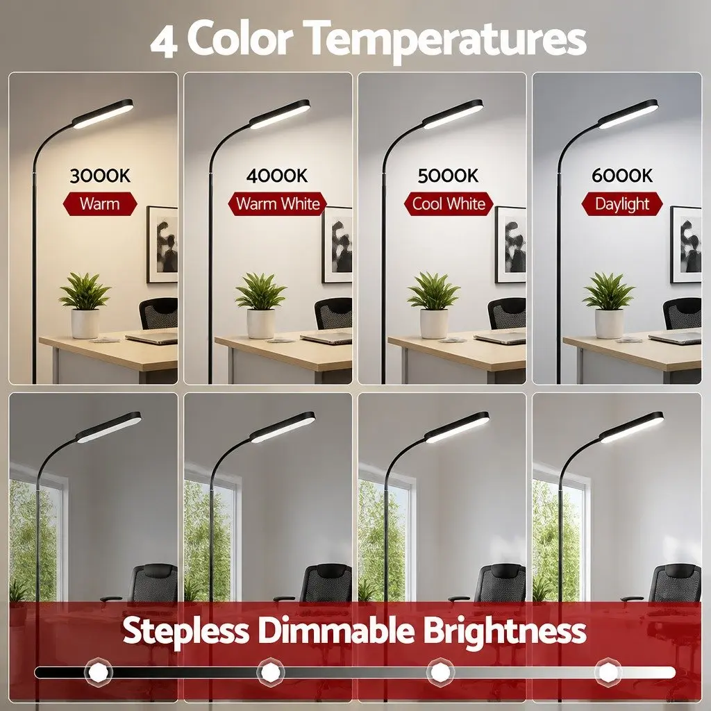 LED Floor Lamp for Living Room Bedroom Home Office 174cm with Remote Control Adjustable Gooseneck 4 Colour Temperature