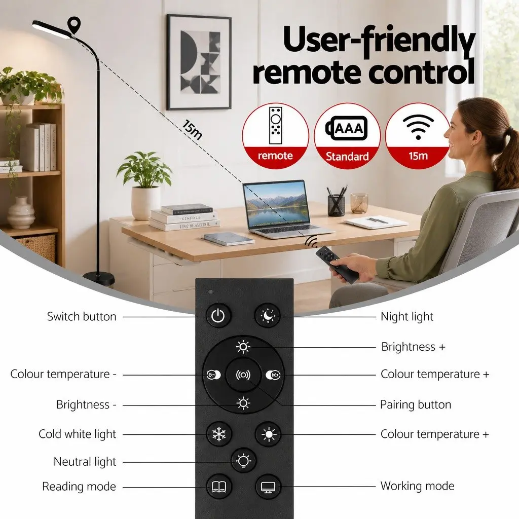 LED Floor Lamp for Living Room Bedroom Home Office 174cm with Remote Control Adjustable Gooseneck 4 Colour Temperature