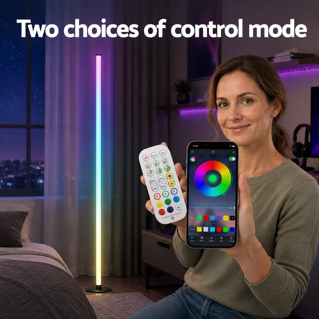 RGB Floor Lamp 150cm Remote Control Adjustable Brightness Black Corner Light for Living Room