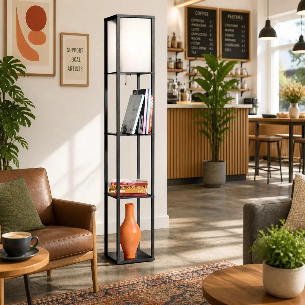 Floor Lamp with 3 Tier Shelf Storage Stand for Home Room Black 160cm