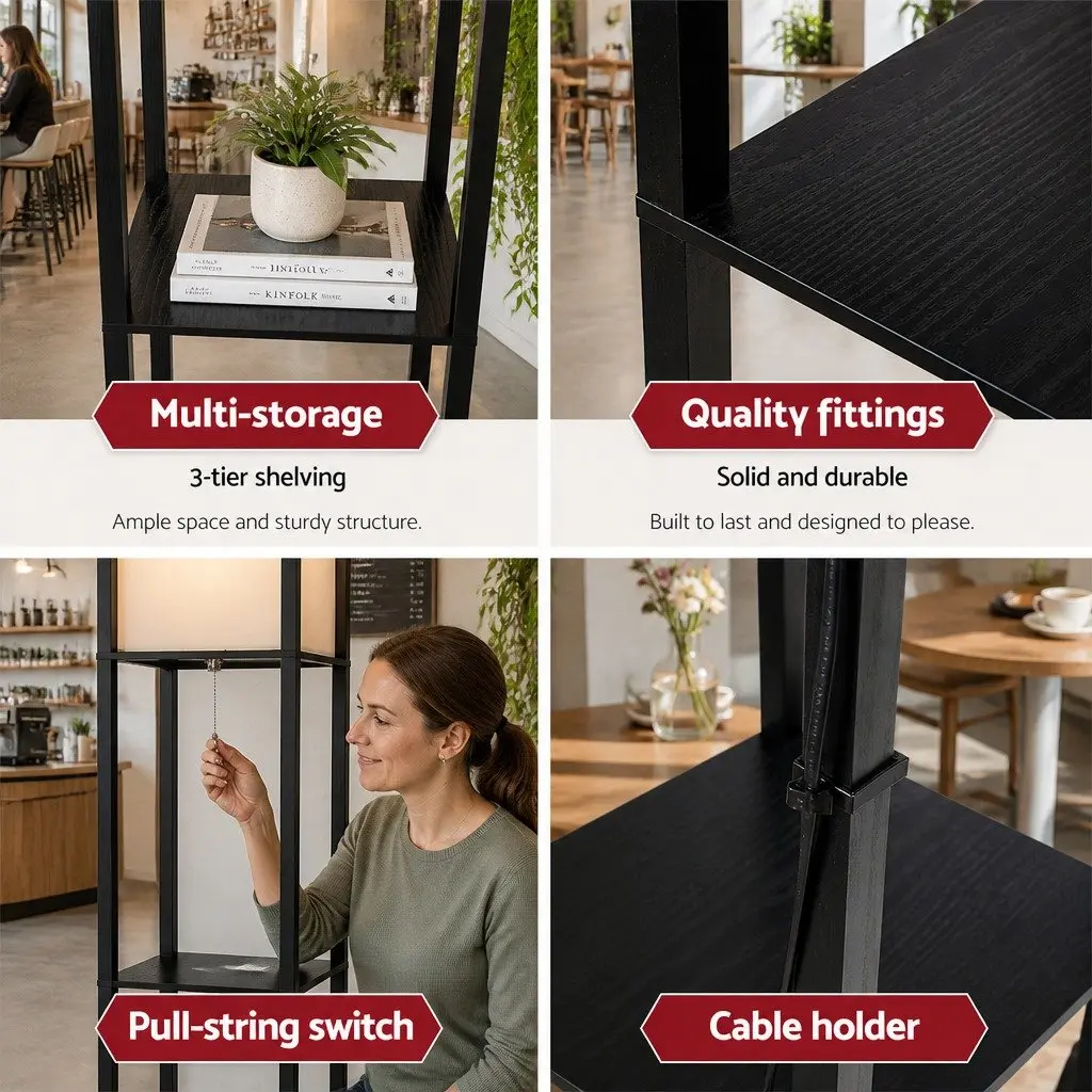 Floor Lamp with 3 Tier Shelf Storage Stand for Home Room Black 160cm