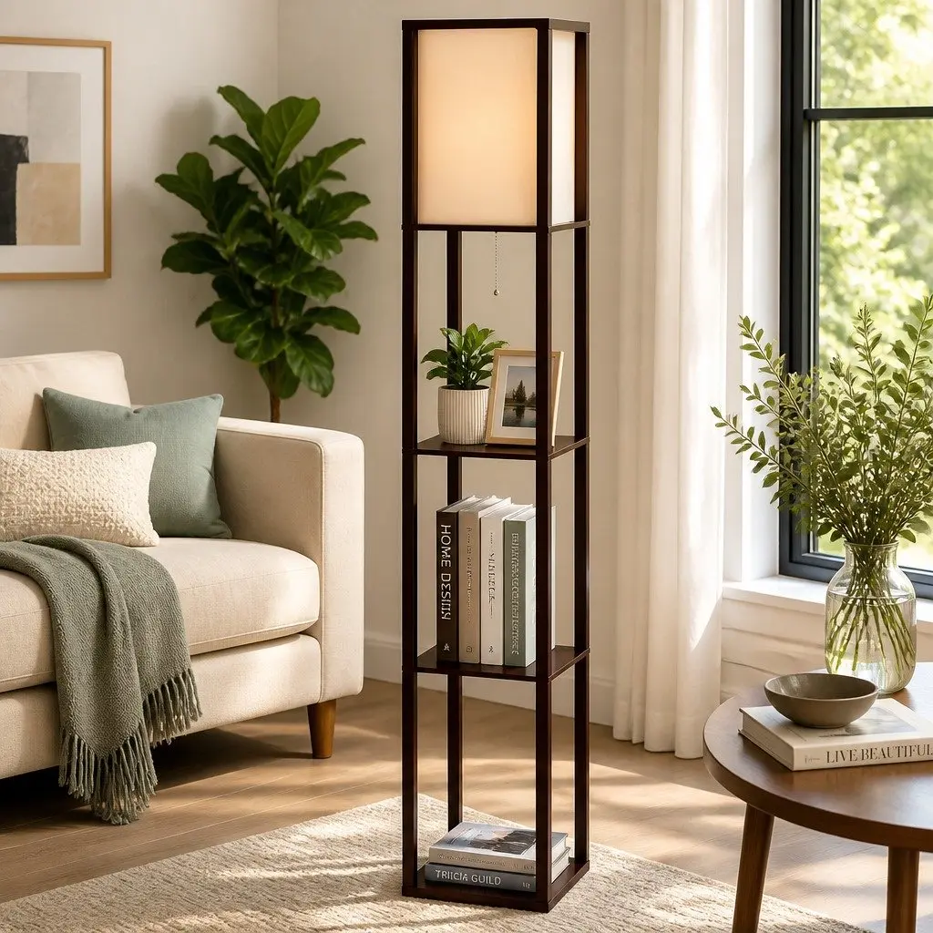 Floor Lamp with 3 Tier Shelf Storage LED Stand Brown Vintage Home Room Display