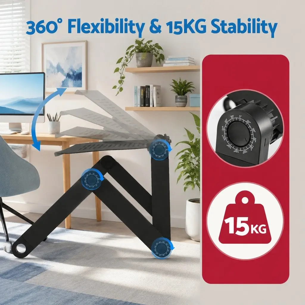 Laptop Stand Portable Riser for Couch Bed Desk Aluminium Black 55cm x 26cm x 45cm