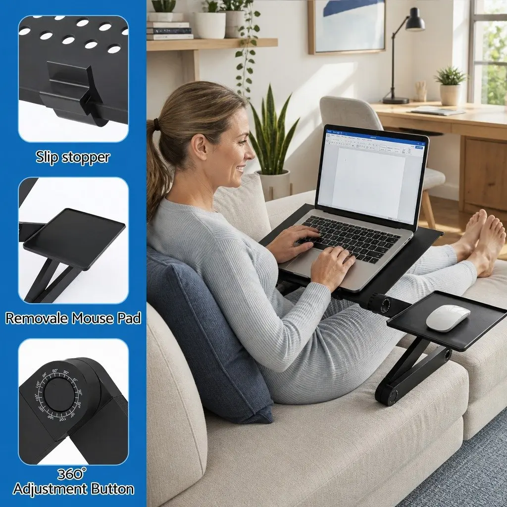 Laptop Stand Portable Riser for Couch Bed Desk Aluminium Black 55cm x 26cm x 45cm