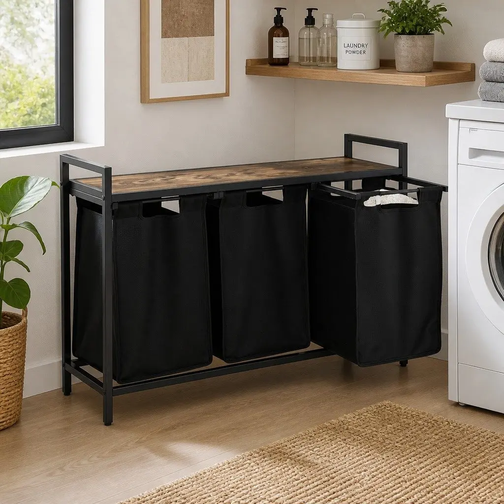 Laundry Basket for Bedrooms Bathrooms and Laundry Areas with 3 Pull-out Bags and Metal Frame Black