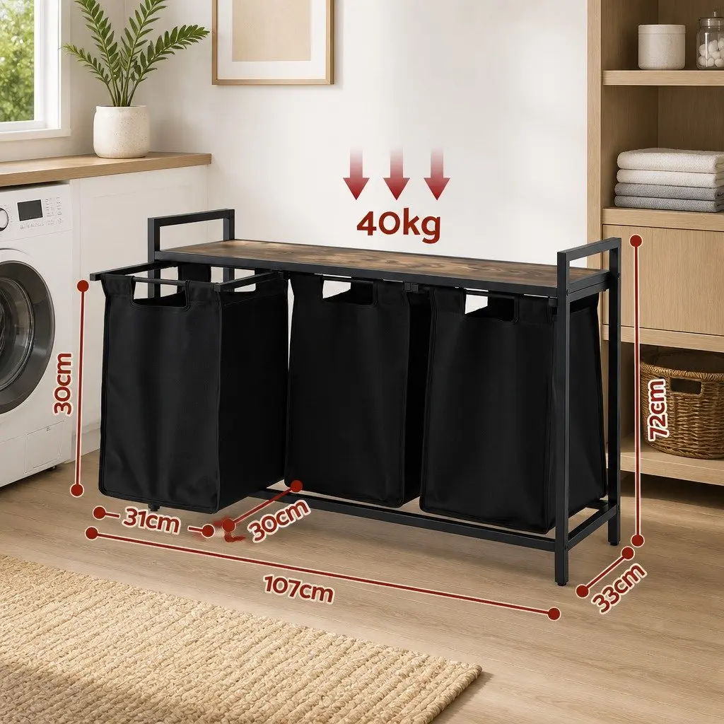 Laundry Basket for Bedrooms Bathrooms and Laundry Areas with 3 Pull-out Bags and Metal Frame Black