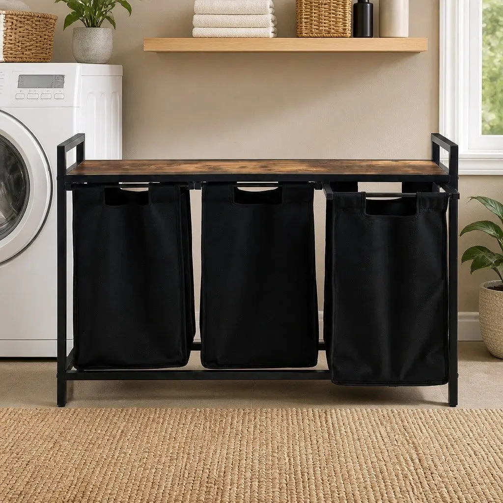 Laundry Basket for Bedrooms Bathrooms and Laundry Areas with 3 Pull-out Bags and Metal Frame Black