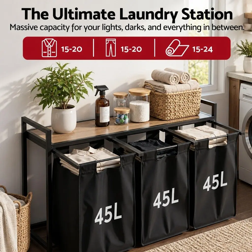 Laundry Basket for Bedrooms Bathrooms and Laundry Areas with 3 Pull-out Bags and Metal Frame Black