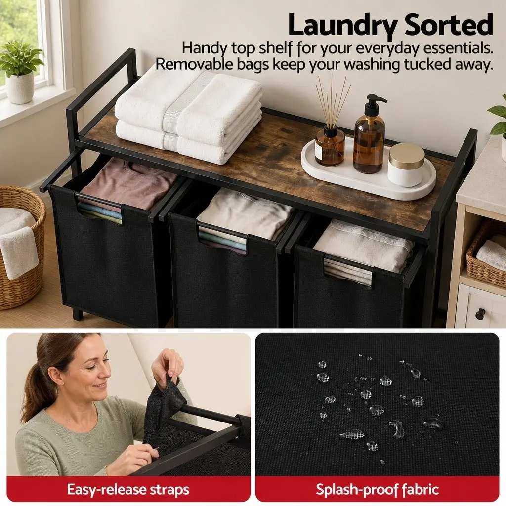 Laundry Basket for Bedrooms Bathrooms and Laundry Areas with 3 Pull-out Bags and Metal Frame Black