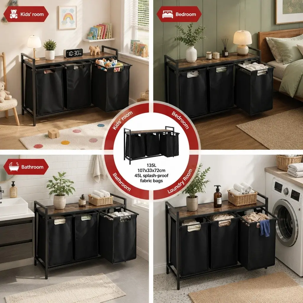Laundry Basket for Bedrooms Bathrooms and Laundry Areas with 3 Pull-out Bags and Metal Frame Black