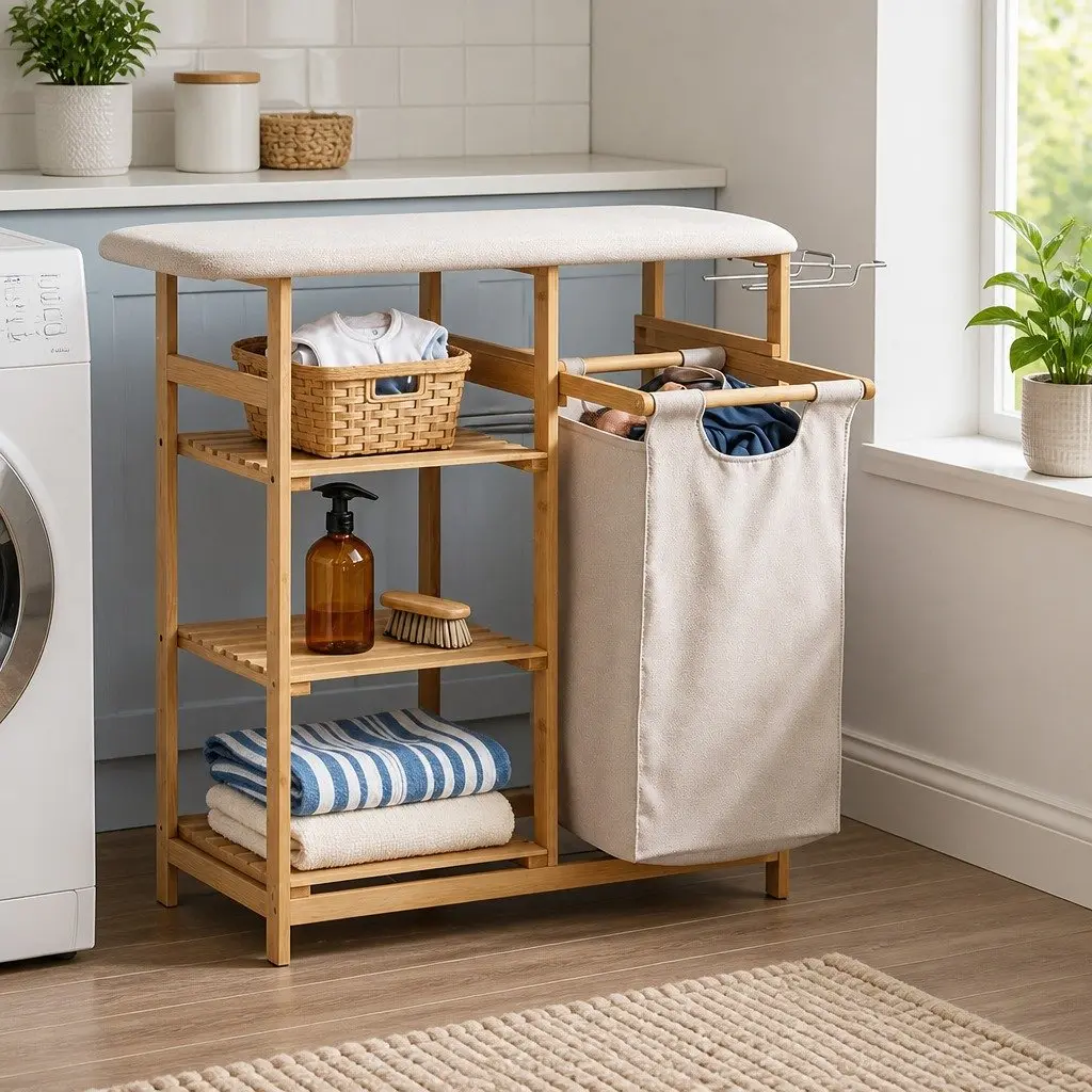 38L Bamboo Laundry Basket Hamper with Ironing Board