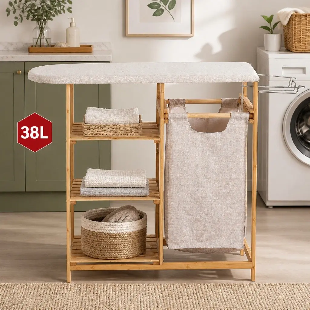 Laundry Basket Hamper with Ironing Board and Storage Shelves for Bathroom Bedroom Laundry Room 113cm x 32cm x 83cm