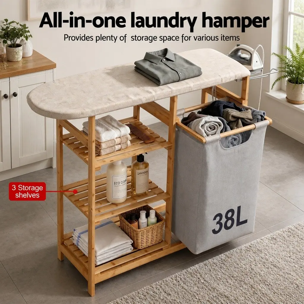 Laundry Basket Hamper with Ironing Board and Storage Shelves for Bathroom Bedroom Laundry Room 113cm x 32cm x 83cm