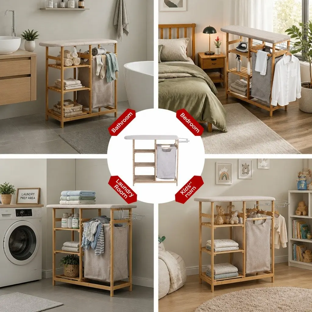 Laundry Basket Hamper with Ironing Board and Storage Shelves for Bathroom Bedroom Laundry Room 113cm x 32cm x 83cm