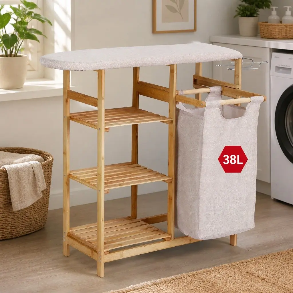 Laundry Basket Hamper with Ironing Board and Storage Shelves for Bathroom Bedroom Laundry Room 113cm x 32cm x 83cm