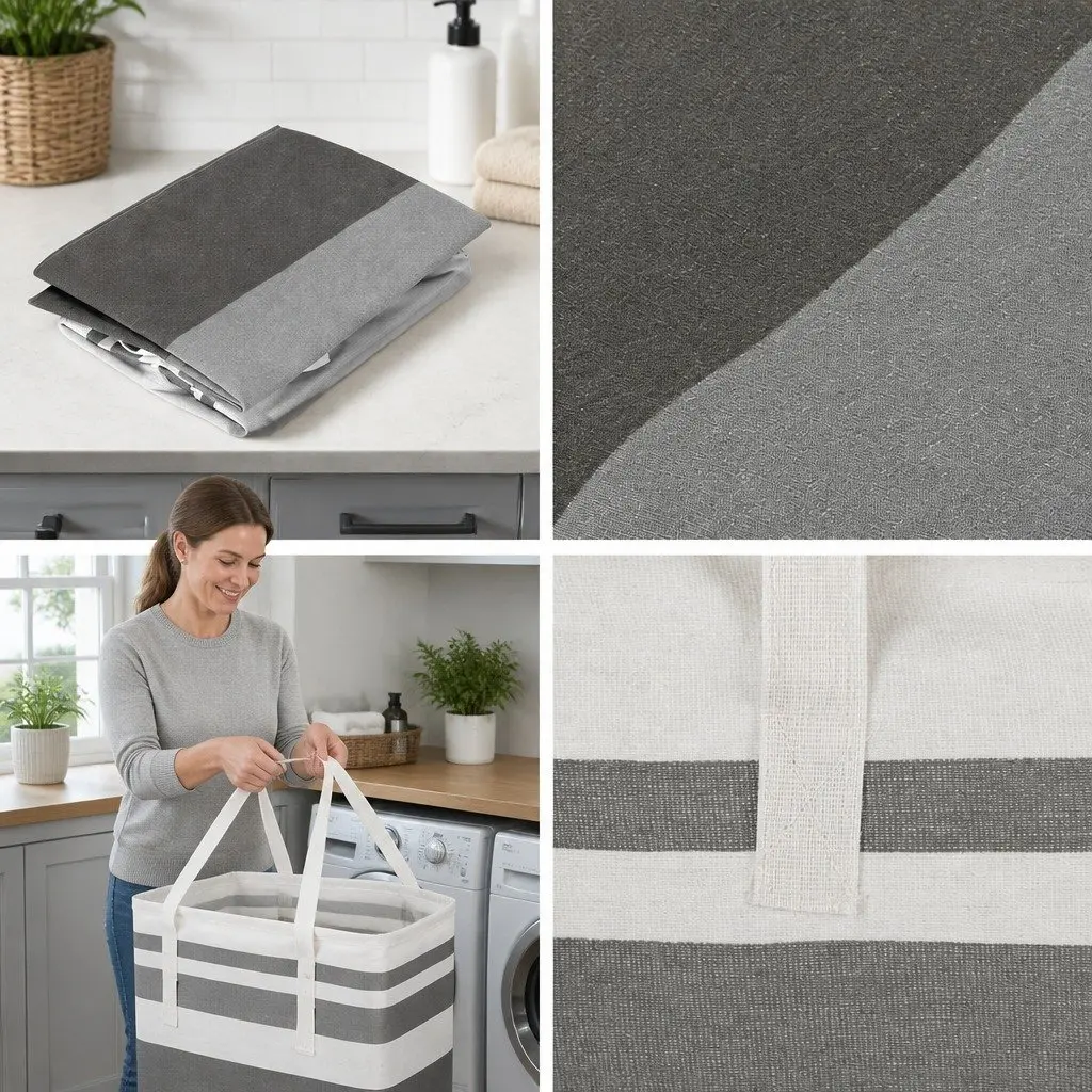 Foldable Laundry Basket Hamper Storage Organiser Lightweight Carry Handles Grey 2 Piece