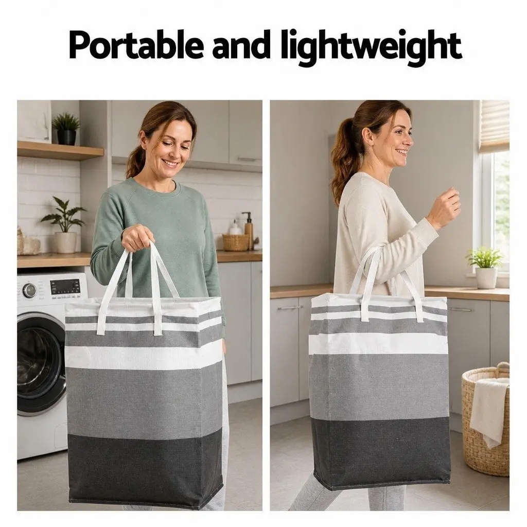 Foldable Laundry Basket Hamper Storage Organiser Lightweight Carry Handles Grey 2 Piece