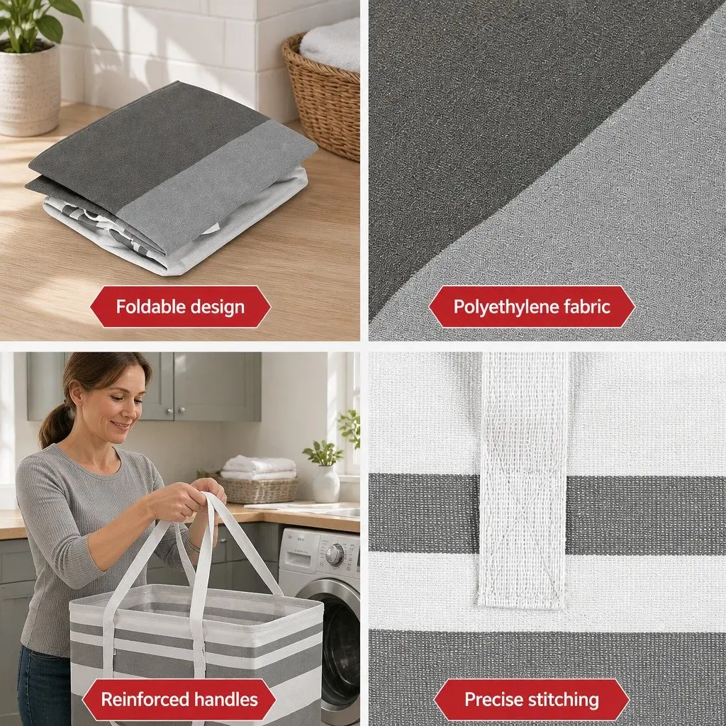 Foldable Laundry Basket Hamper Storage Organiser Lightweight Carry Handles Grey 2 Piece