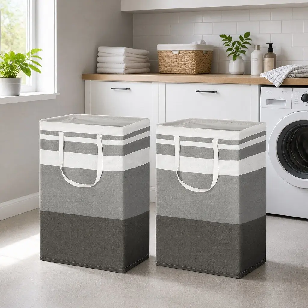 Foldable Laundry Basket Hamper Storage Organiser Lightweight Carry Handles Grey 2 Piece