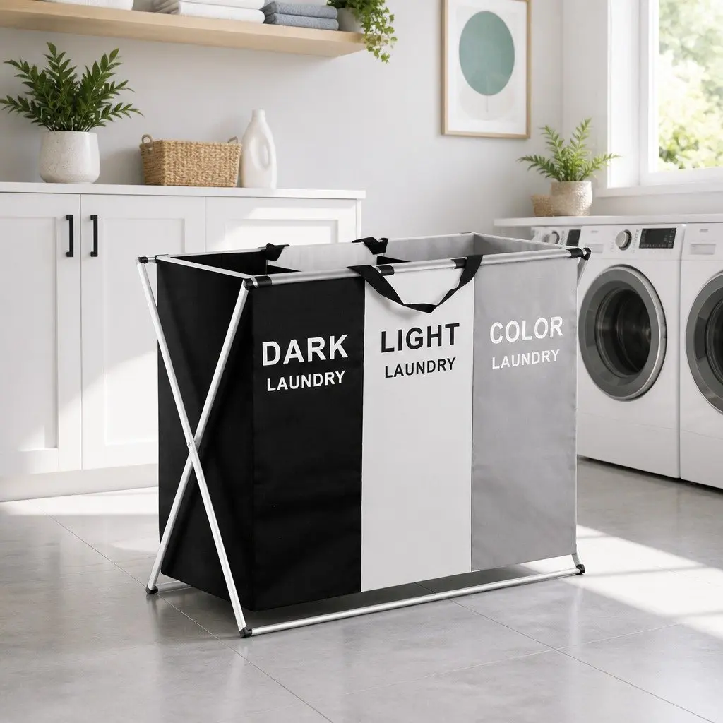 Large 3-Section Foldable Laundry Basket