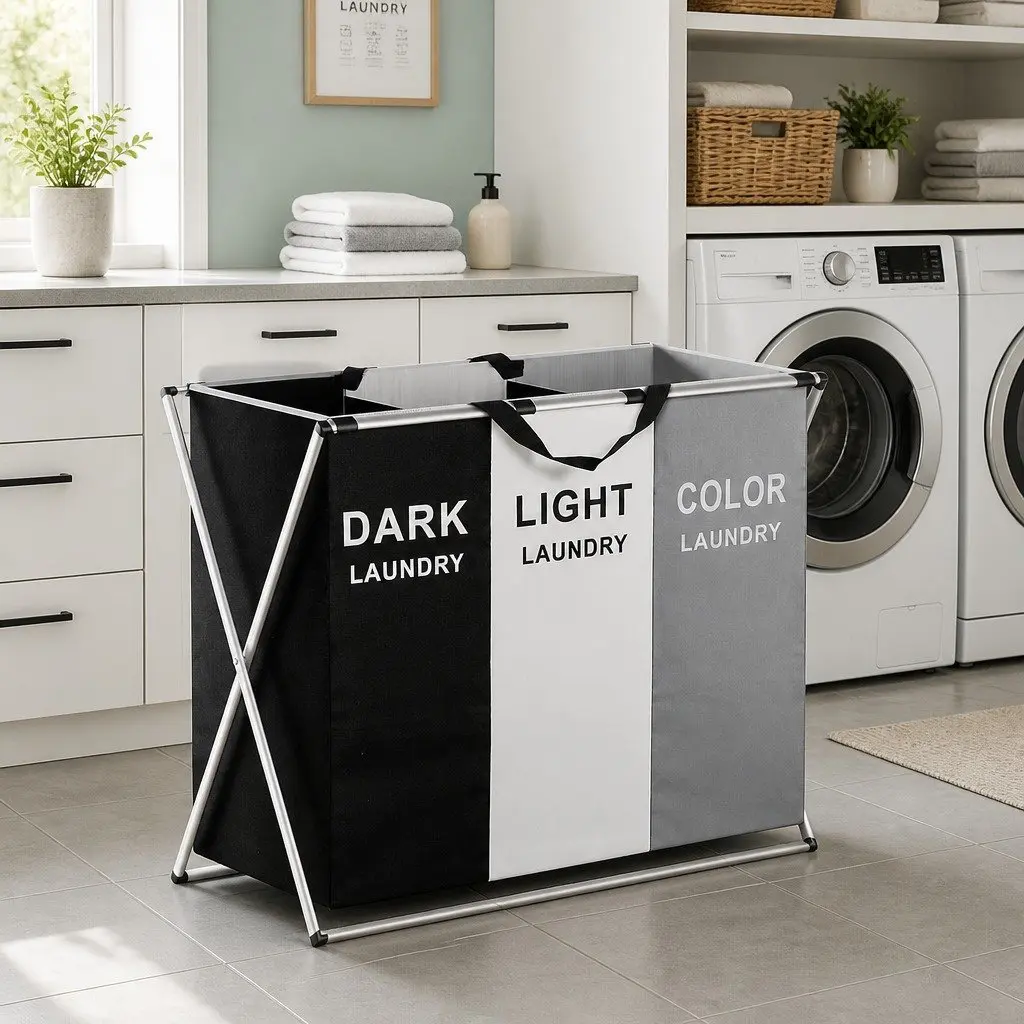 Laundry Basket Hamper Large Foldable 3 Sections Clothes Storage Organiser 64.5cm x 37cm x 58cm