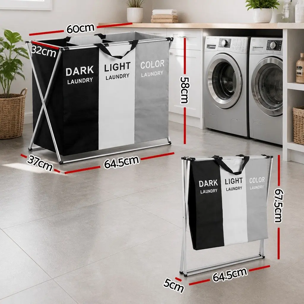 Laundry Basket Hamper Large Foldable 3 Sections Clothes Storage Organiser 64.5cm x 37cm x 58cm