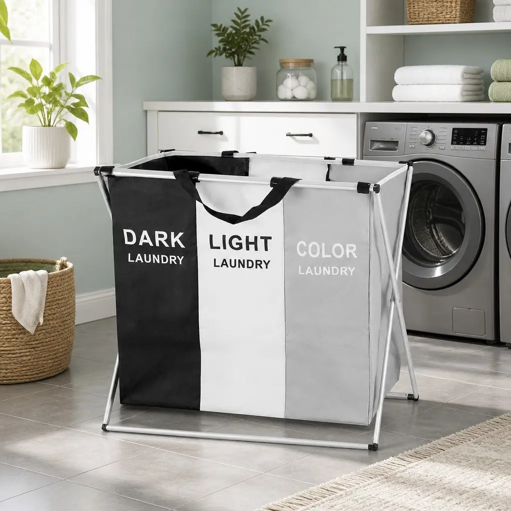 Laundry Basket Hamper Large Foldable 3 Sections Clothes Storage Organiser 64.5cm x 37cm x 58cm