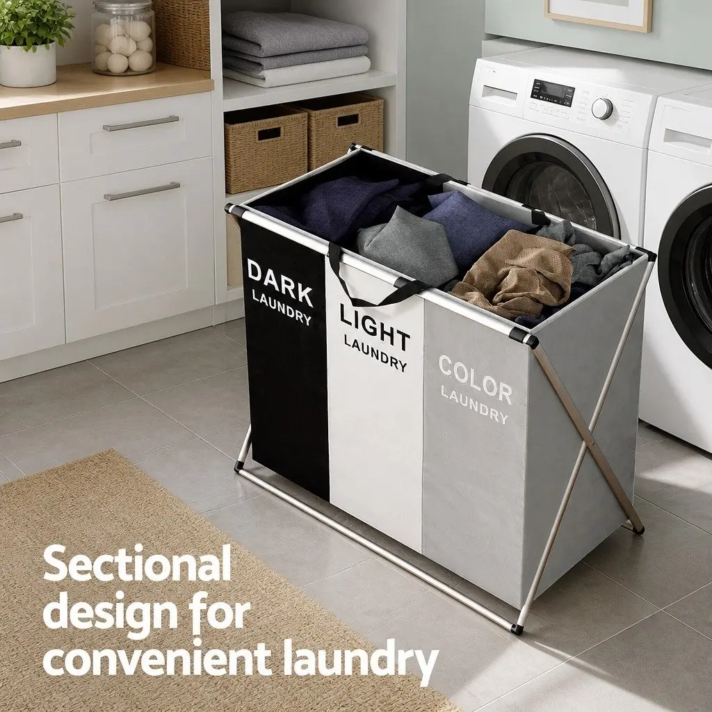 Laundry Basket Hamper Large Foldable 3 Sections Clothes Storage Organiser 64.5cm x 37cm x 58cm