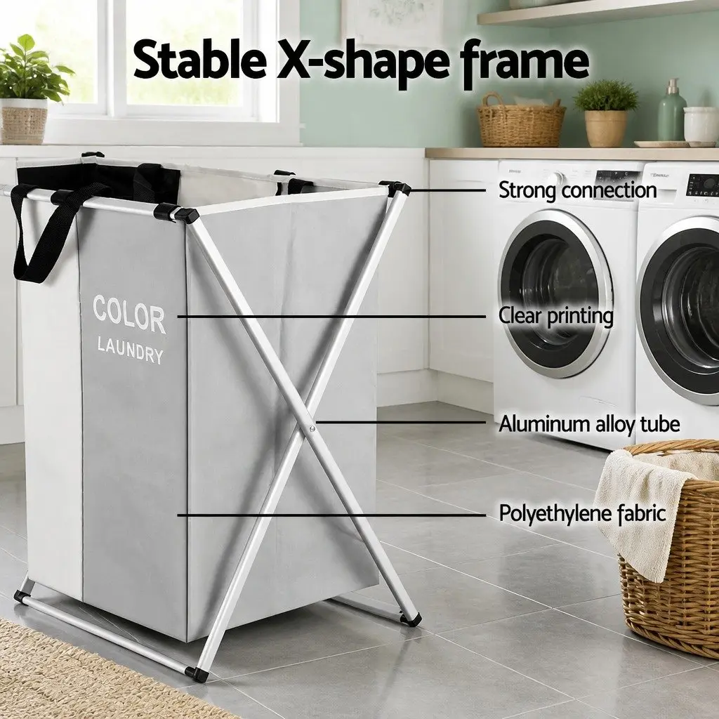Laundry Basket Hamper Large Foldable 3 Sections Clothes Storage Organiser 64.5cm x 37cm x 58cm