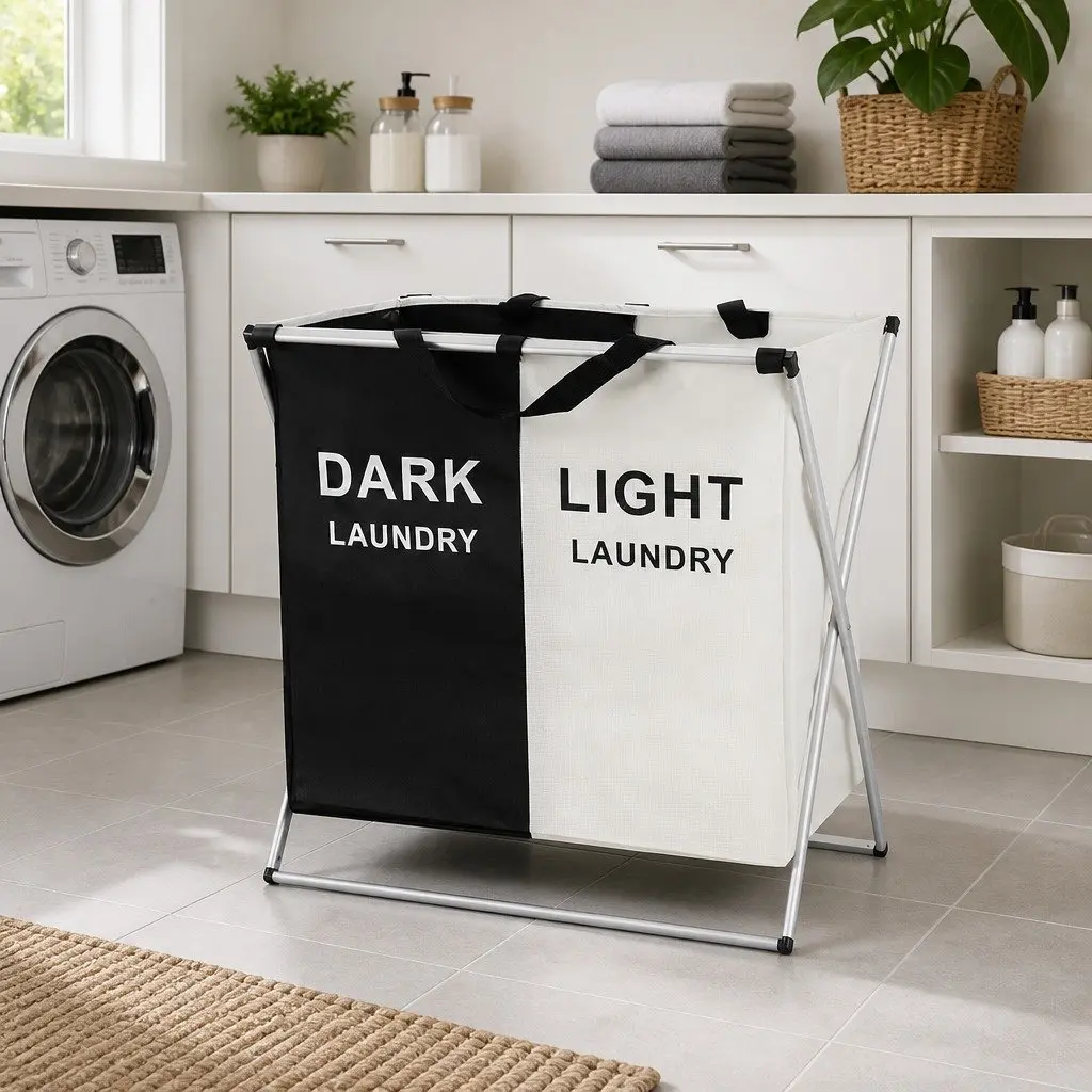 Foldable Laundry Basket Hamper for Home Large Capacity 2 Sections