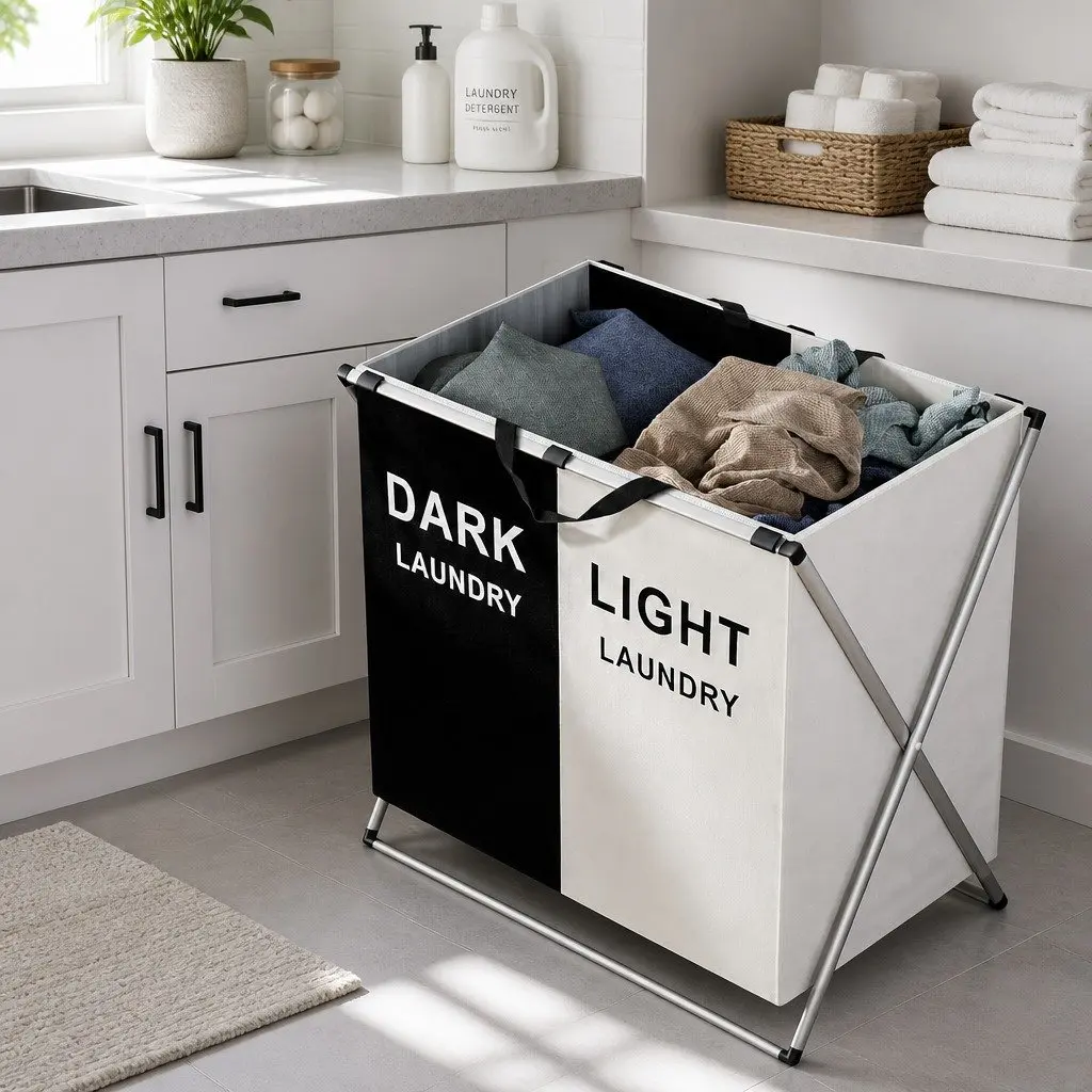 Foldable Laundry Basket Hamper for Home Large Capacity 2 Sections