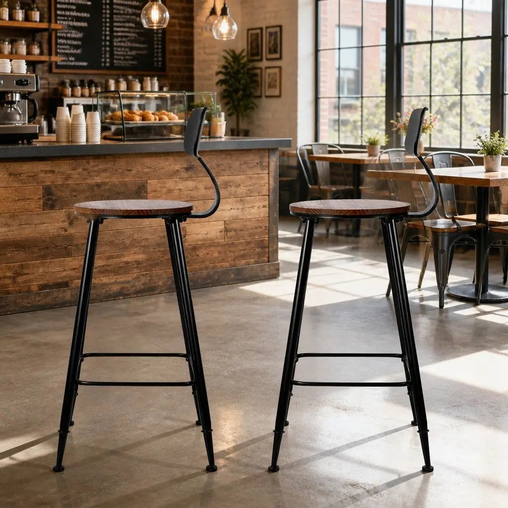 Bar Stools x2 Industrial Design Black Metal Frame Removable Backrest Dining