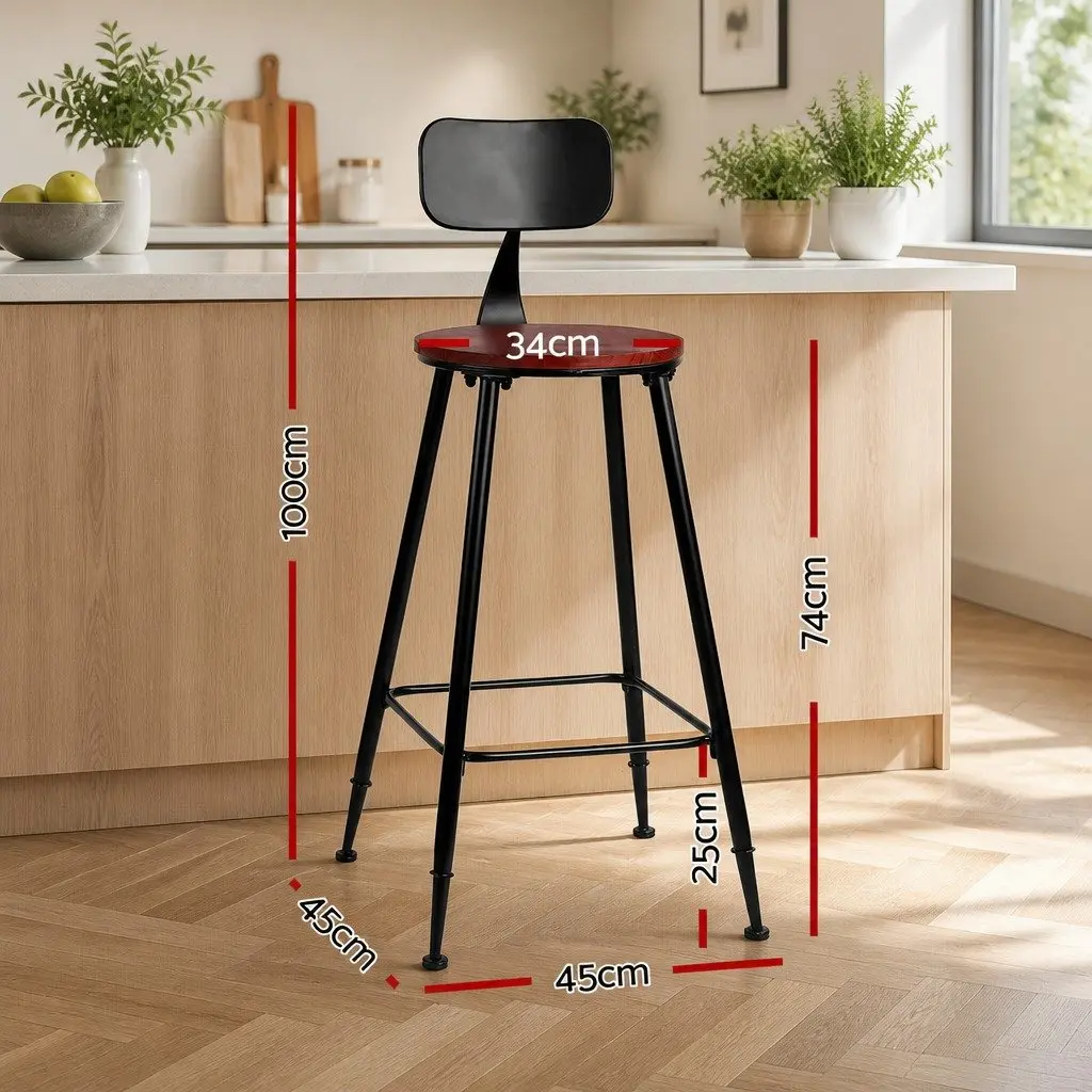 Bar Stools Set of 4 Industrial Metal Chairs with Pinewood Seat Backrest Black