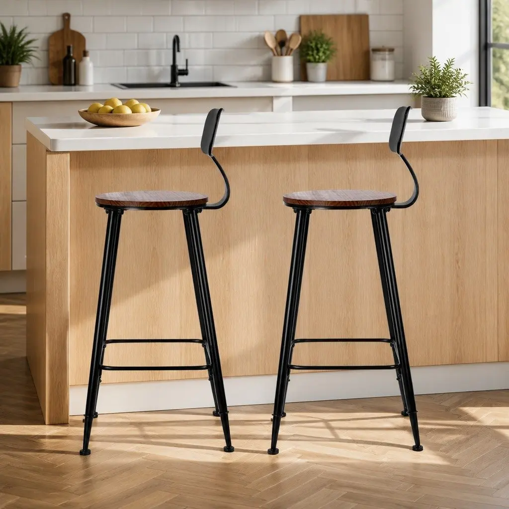 Bar Stools Set of 4 Industrial Metal Chairs with Pinewood Seat Backrest Black