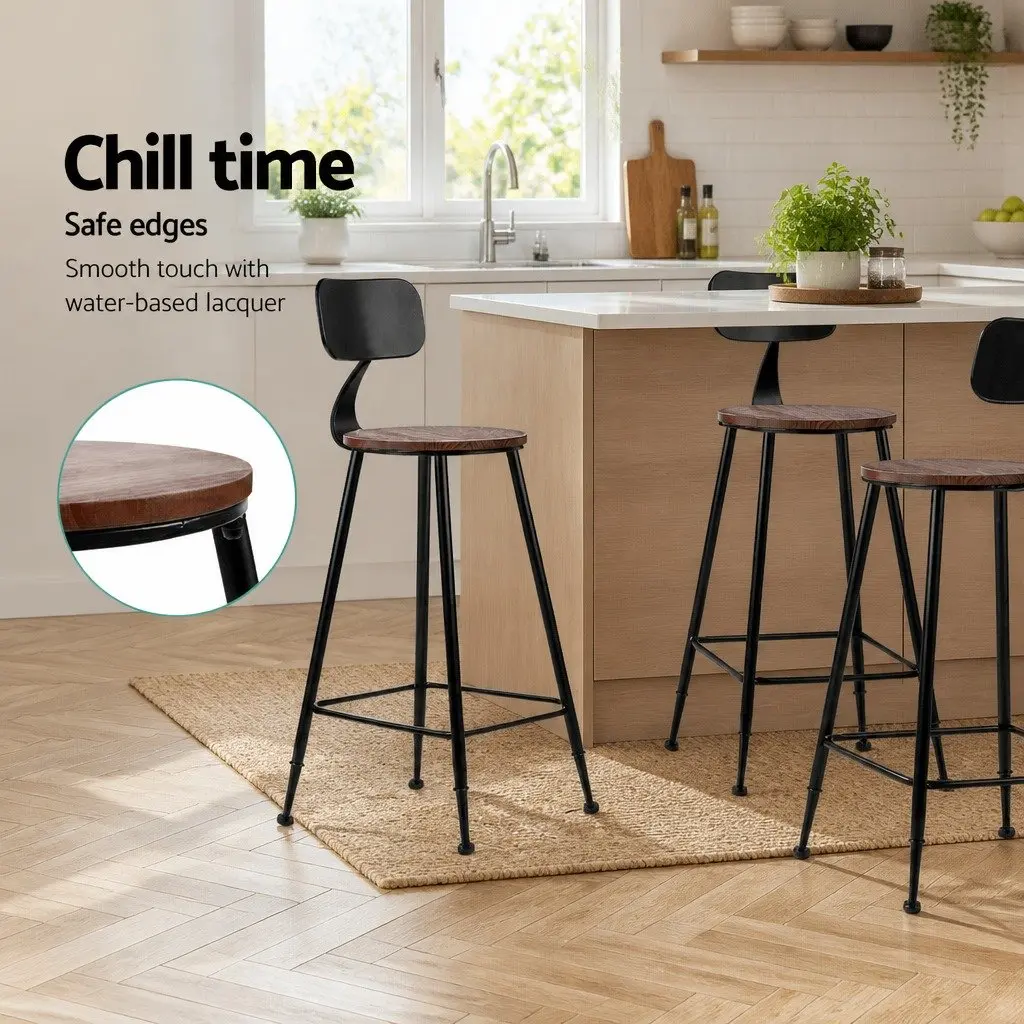 Bar Stools Set of 4 Industrial Metal Chairs with Pinewood Seat Backrest Black