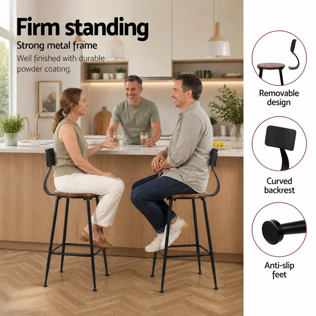 Bar Stools Set of 4 Industrial Metal Chairs with Pinewood Seat Backrest Black