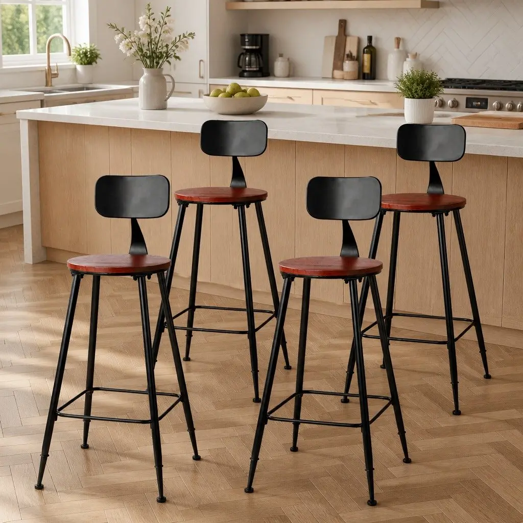 Bar Stools Set of 4 Industrial Metal Chairs with Pinewood Seat Backrest Black
