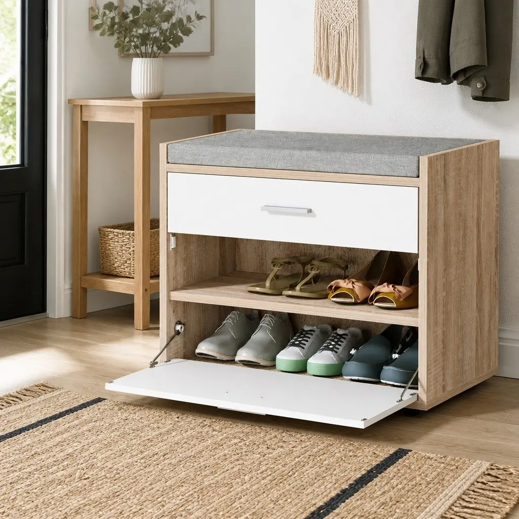 Shoe Rack Cabinet Bench Storage Organizer 8 Pairs White Wood Hallway Entrance