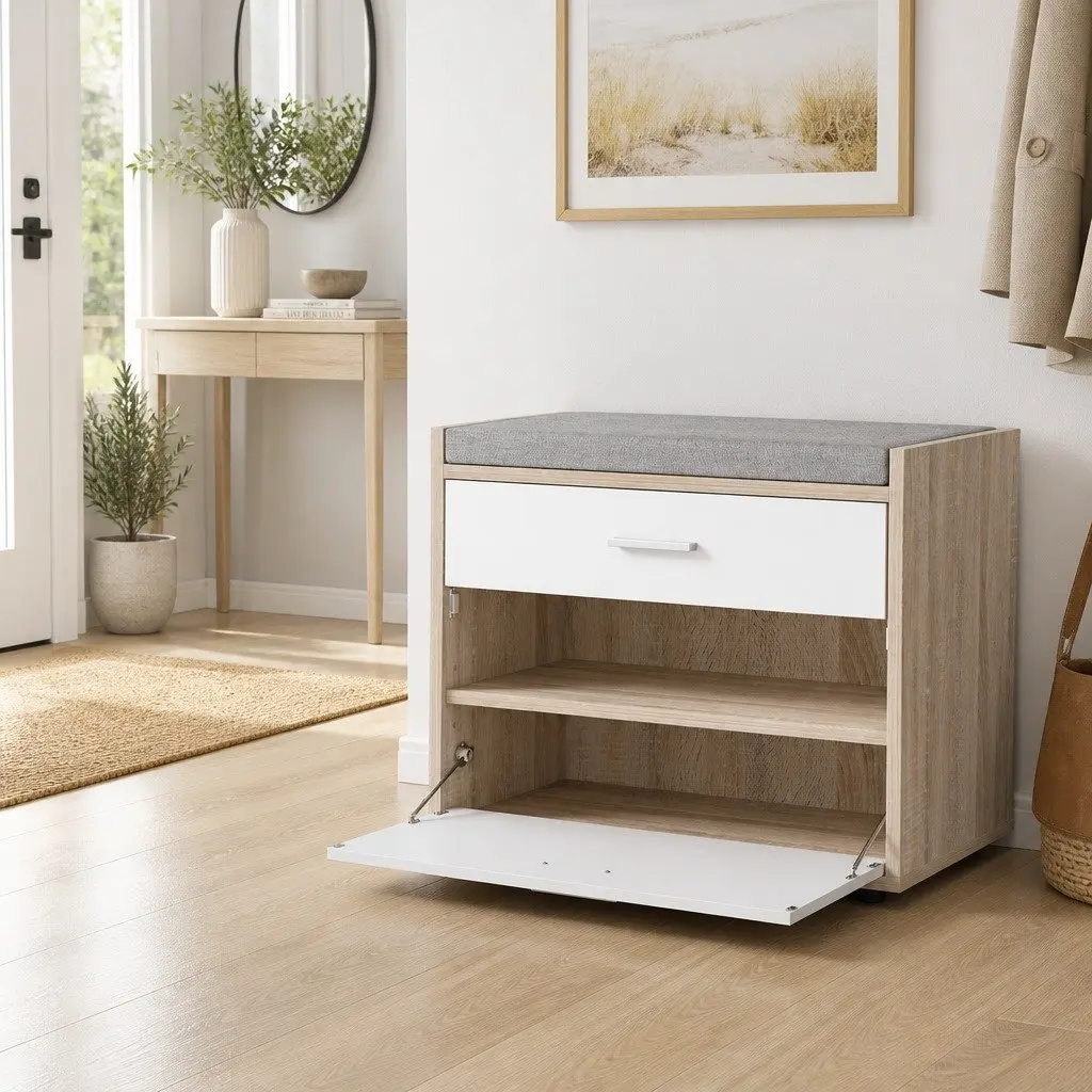 Shoe Rack Cabinet Bench Storage Organizer 8 Pairs White Wood Hallway Entrance