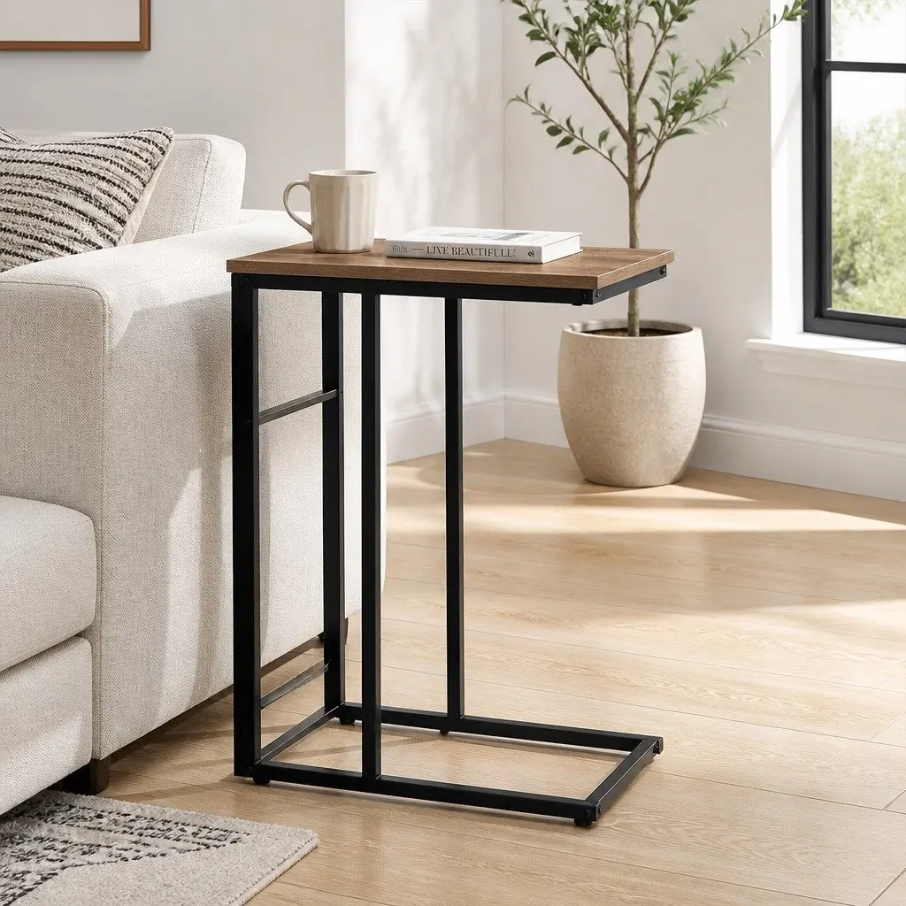 C-Shape Side Table with Steel Legs and Particle Board Top